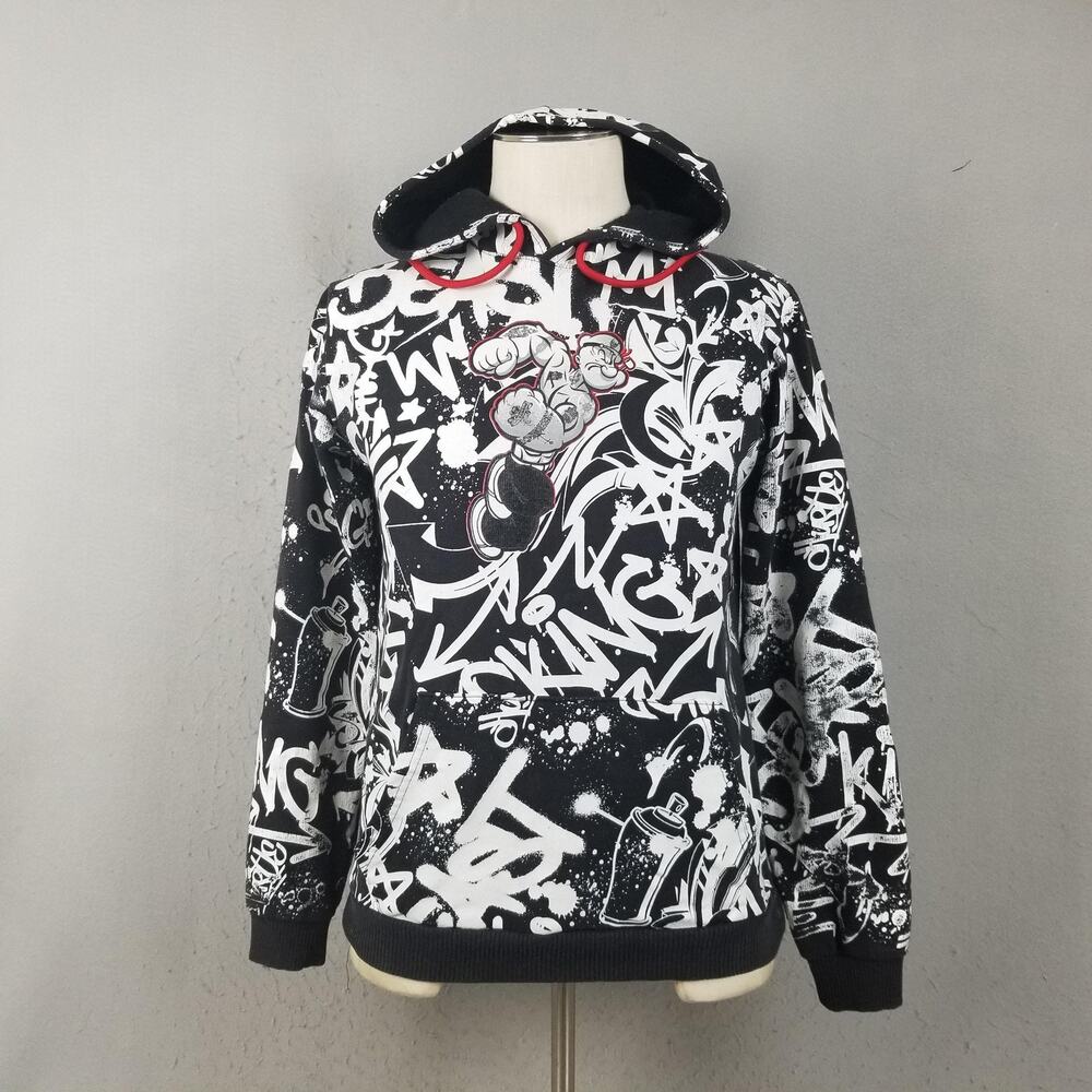 Popeye Hoodie Mens Medium Black Graffiti All Over Graphic Pullover Sweatshirt